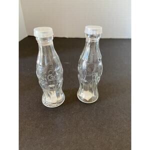 Vintage Coca-Cola Clear Glass Salt & Pepper S&P Shakers Plastic Lid 4" NOS